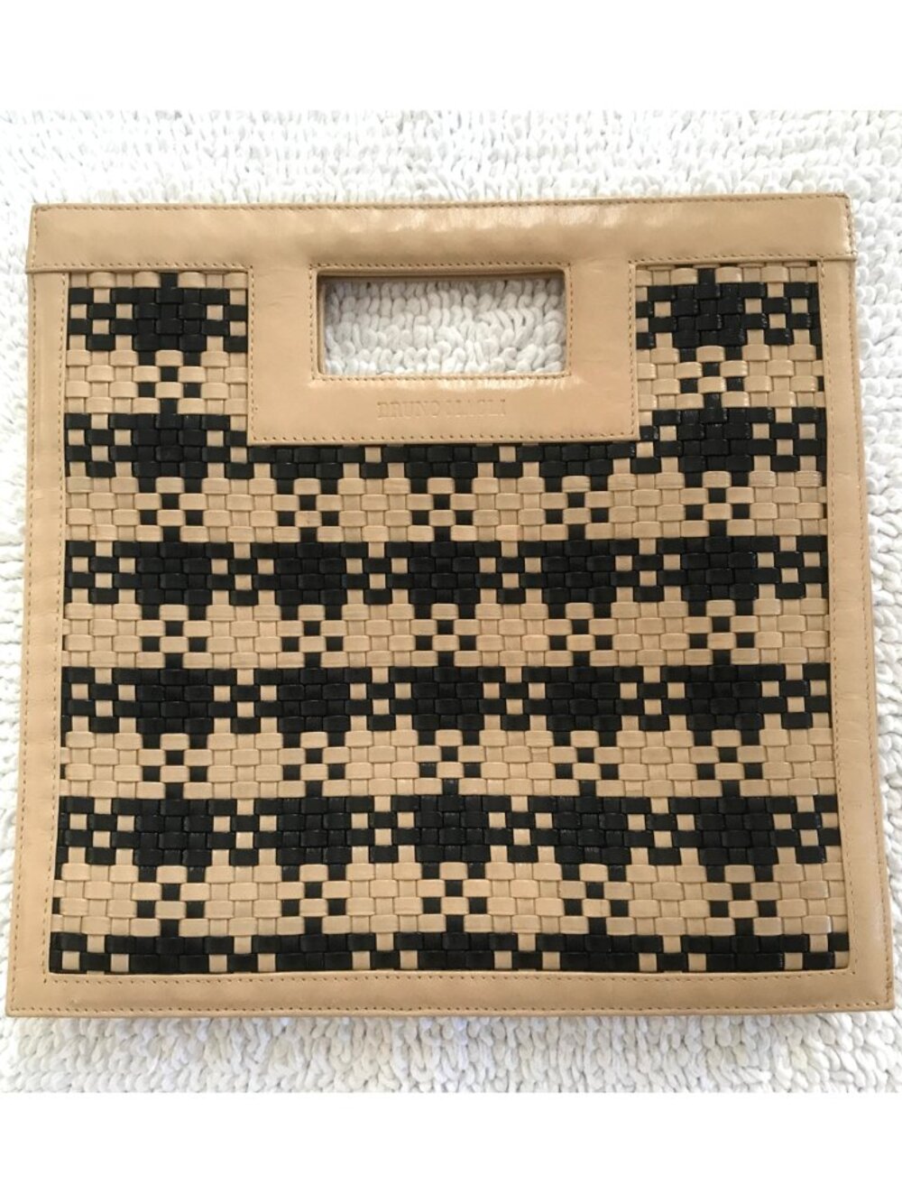 Bruno Magli Woven Leather Clutch Black and Tan Weave Top Handle Clutch